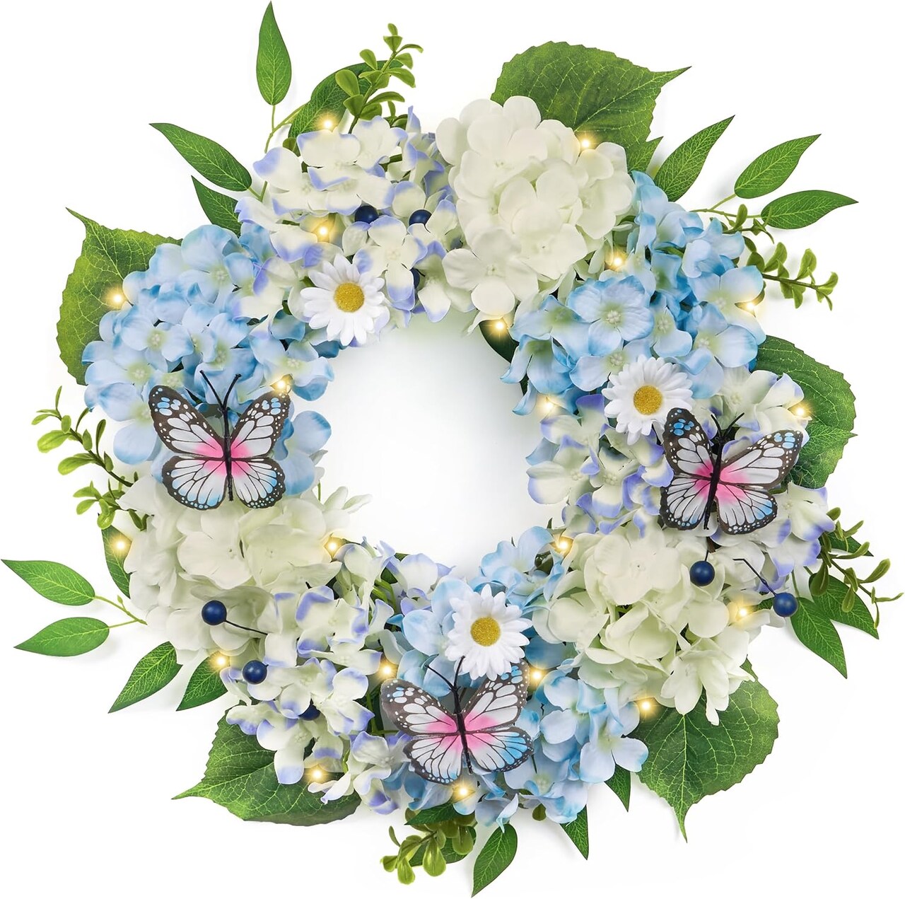 Lighted Blue & White Hydrangea Front Door Wreath (Spring Floral Decor)